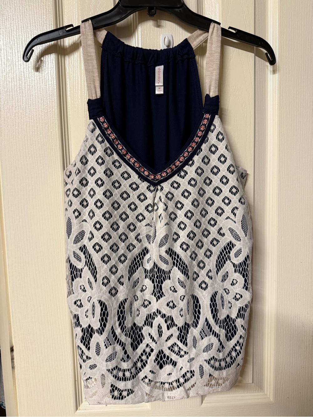 Xhilaration Navy Tank with White Lace Overlay and Beige Straps